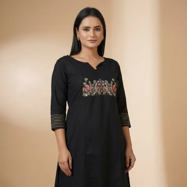 Black_Cotton_Embroidered_Straight_Kurti_With_Pant_Set_For_Women