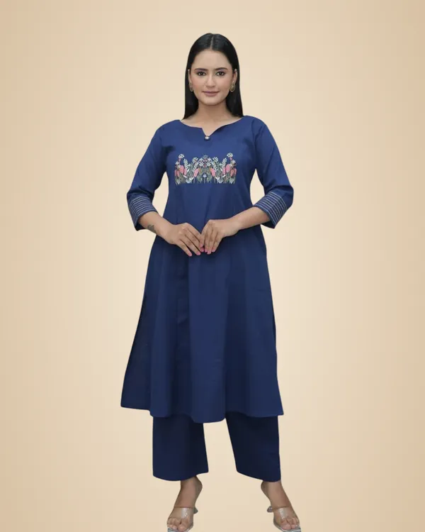 Blue_Cotton_Embroidered_Straight_Kurti_With_Pant_Set_For_Women