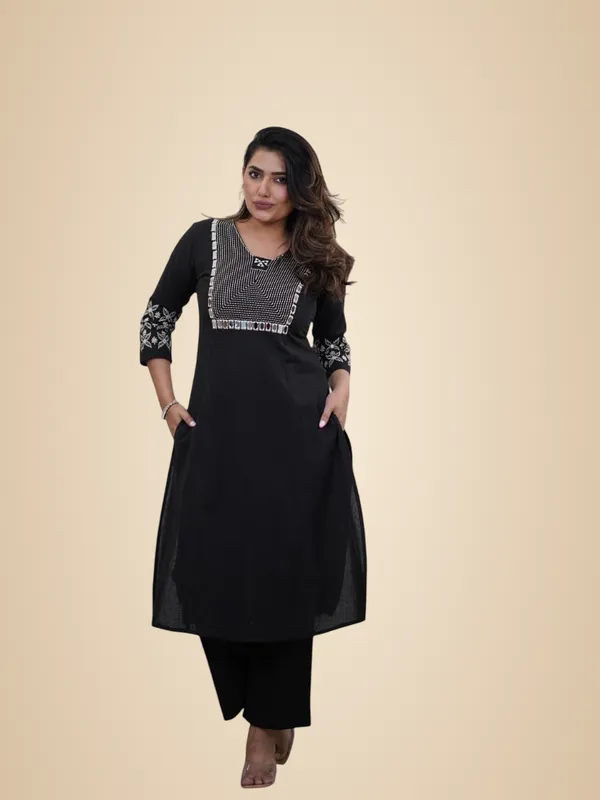 Black_Cotton_Embroidery_Straight_Kurti_With_Pant_Set_For_Women