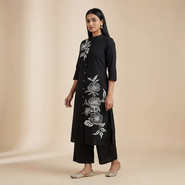 Black_Cotton_Floral_Printed_Straight_Kurti_With_Pant_Set_For_Women
