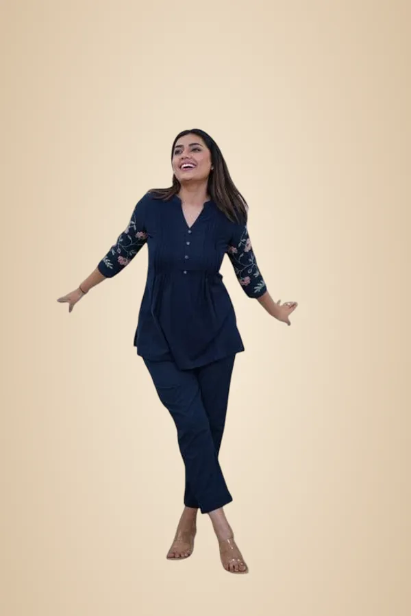 Blue_Cotton_Embroidery_Straight_Short_Kurti_With_Pant_Set_For_Women