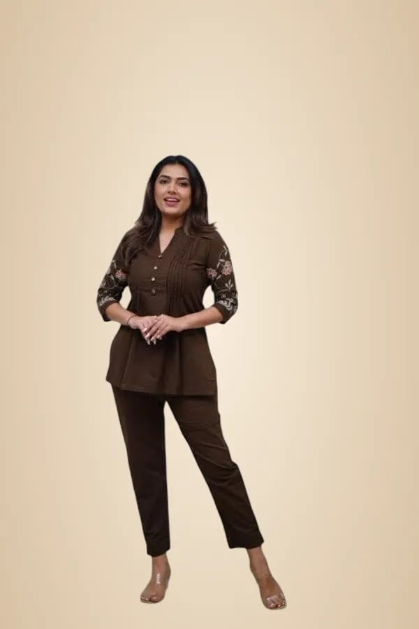 Brown_Cotton_Embroidery_Straight_Short_Kurti_With_Pant_Set_For_Women