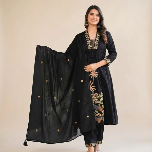 Black_Cotton_Embroidery_Straight_Kurti_With_Pant_Set_For_Women