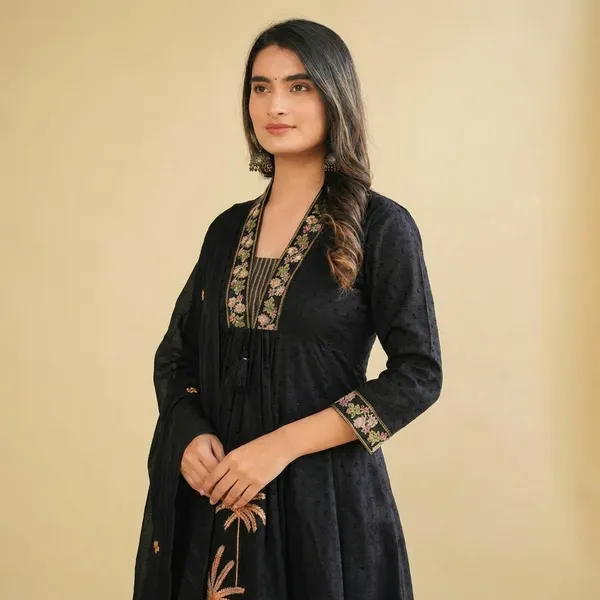 Black_Cotton_Embroidery_Straight_Kurti_With_Pant_Set_For_Women