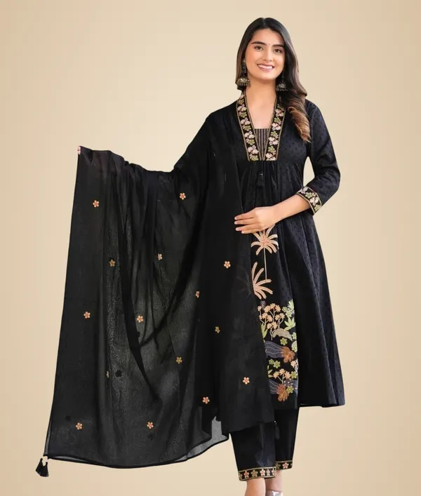 Black_Cotton_Embroidery_Straight_Kurti_With_Pant_Set_For_Women