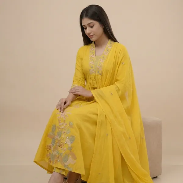 Yellow_Cotton_Embroidery_Straight_Kurti_With_Pant_Set_For_Women
