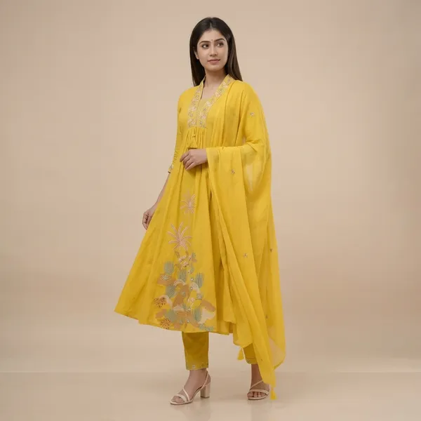 Yellow_Cotton_Embroidery_Straight_Kurti_With_Pant_Set_For_Women