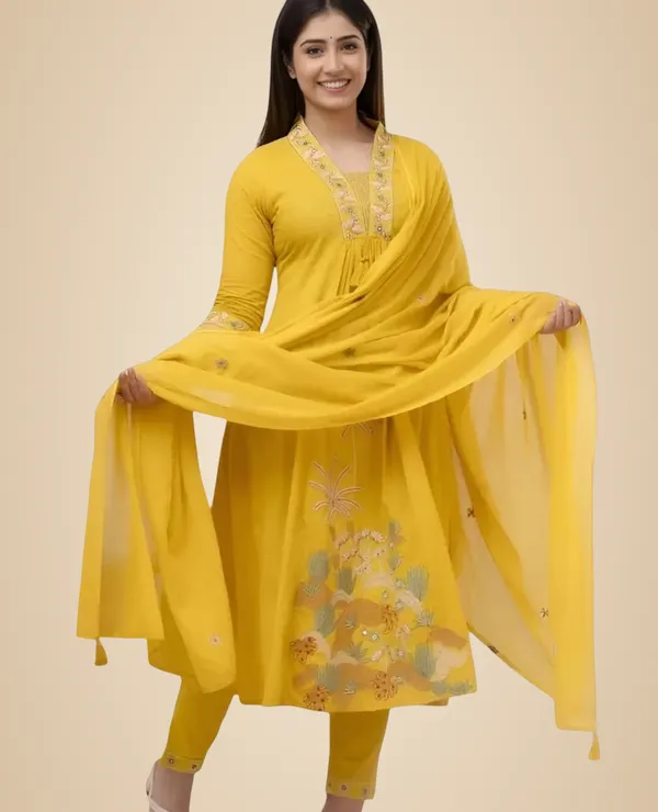 Yellow_Cotton_Embroidery_Straight_Kurti_With_Pant_Set_For_Women
