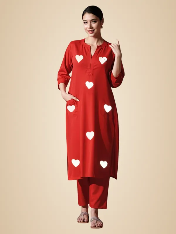 Red_Cotton_Embroidered_Straight_Kurti_With_Pant_Set_For_Women