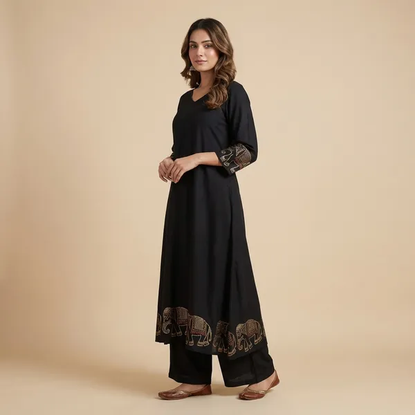 Black_Rayon_Embroidered_Straight_Kurti_With_Pant_Set_For_Women