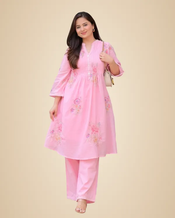 Pink_Cotton_Embroidery_A-Linen_Kurti_With_Pant_Set_For_Women
