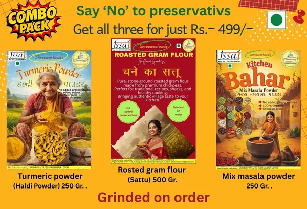 Shreewastawa's_Turmeric_Powder_250_Gr,_Shreewastawa's_Rosted_Gram_Flour_(Sattu)_500_Gr_&_Shreewastawa's_Kitchen_Bahar_250_Gr.