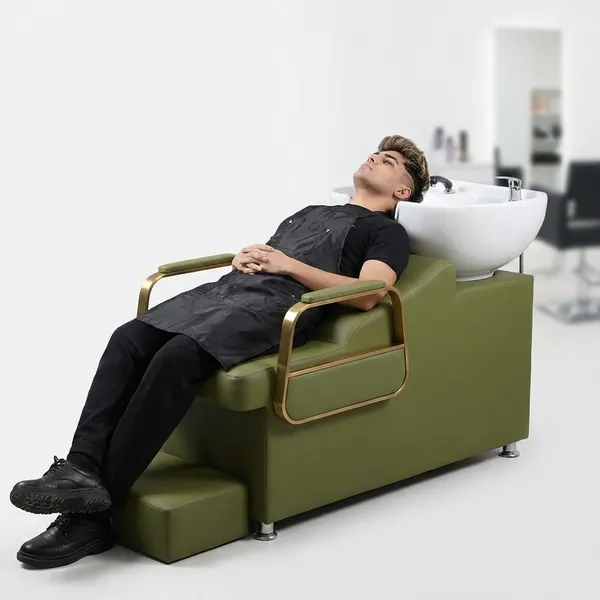 Professional_Salon_Shampoo_Chair_With_Basin_Olive_Green_Reclining_Spa_Bed