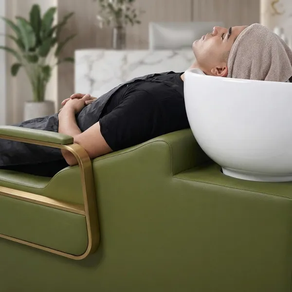 Professional_Salon_Shampoo_Chair_With_Basin_Olive_Green_Reclining_Spa_Bed