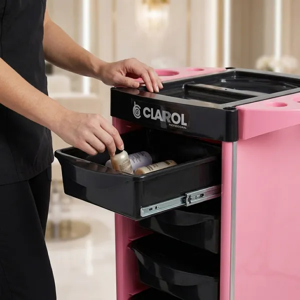 Clairol_Professional_Salon_Trolley_Pink_And_Black_Hair_Styling_Cart_With_Storage_Drawers