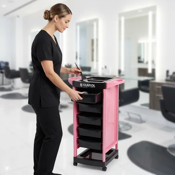 Clairol_Professional_Salon_Trolley_Pink_And_Black_Hair_Styling_Cart_With_Storage_Drawers