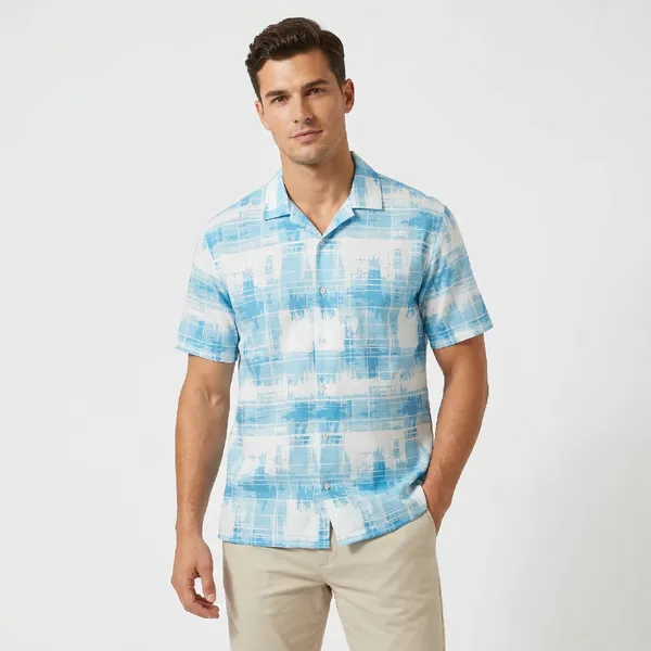 Sky_Blue_Breathable_Poly_Brush_Check_Short_Sleeve_Shirt_For_Men