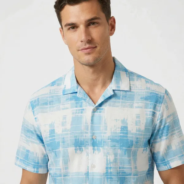 Sky_Blue_Breathable_Poly_Brush_Check_Short_Sleeve_Shirt_For_Men