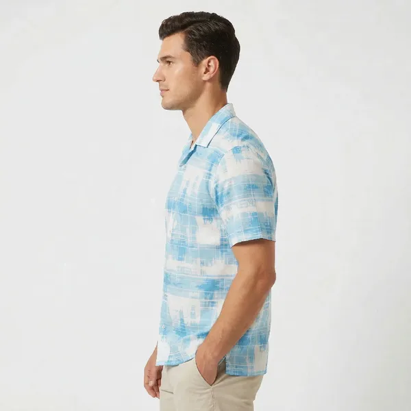 Sky_Blue_Breathable_Poly_Brush_Check_Short_Sleeve_Shirt_For_Men
