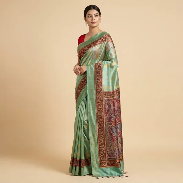 Elegant_Green_Silk_Saree_With_Red_Blouse