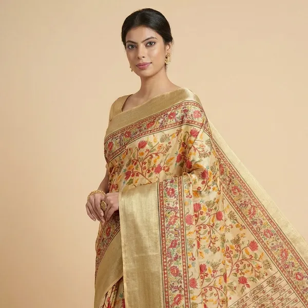 Beige_Floral_Printed_Silk_Saree_With_Golden_Border