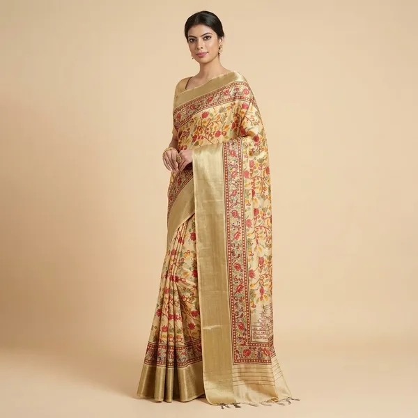 Beige_Floral_Printed_Silk_Saree_With_Golden_Border