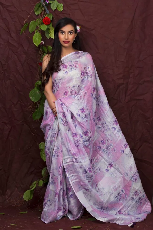 Elegant_Floral_Print_Linen_Saree_In_Lavender_And_White