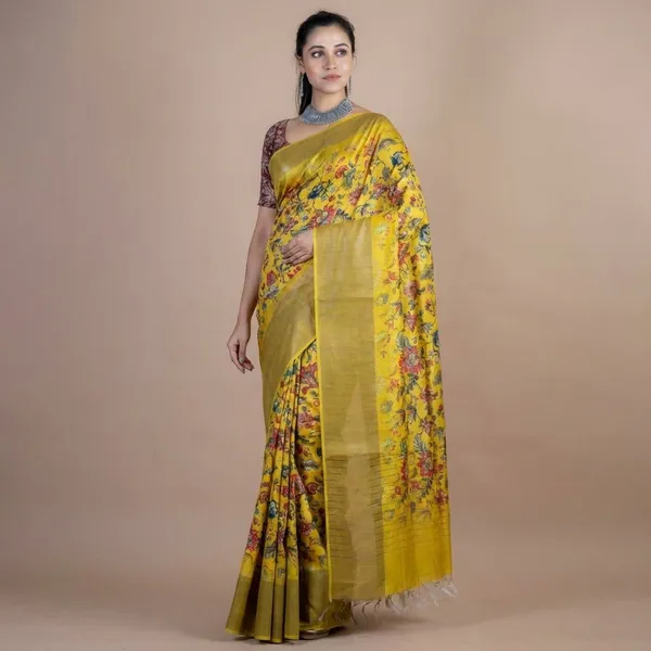 Yellow_Floral_Printed_Silk_Saree_With_Contrast_Blouse