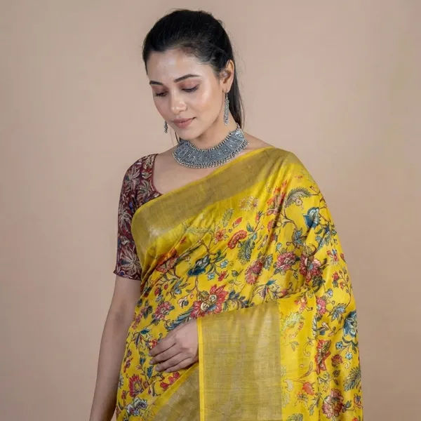 Yellow_Floral_Printed_Silk_Saree_With_Contrast_Blouse
