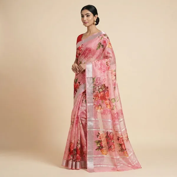 Pink_Floral_Print_Linen_Saree_With_Red_Blouse