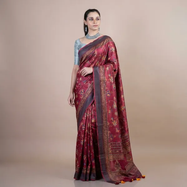 Elegant_Maroon_Tussar_Silk_Saree_With_Blouse
