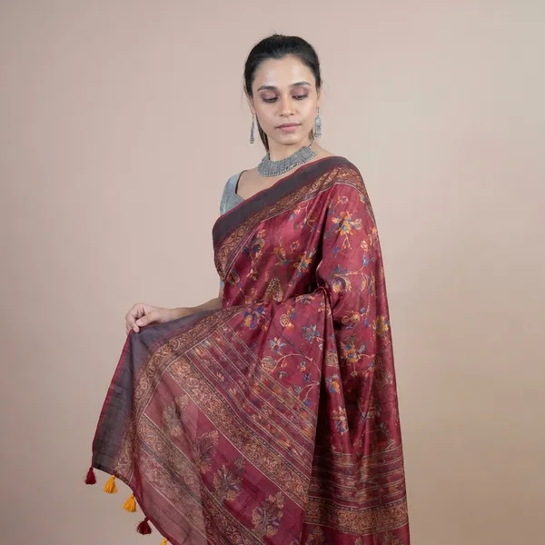 Elegant_Maroon_Tussar_Silk_Saree_With_Blouse