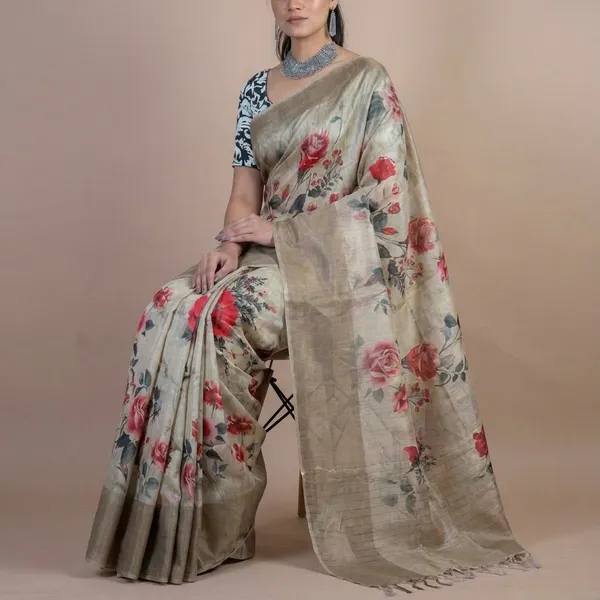 Elegant_Floral_Print_Tussar_Silk_Saree_With_Blouse