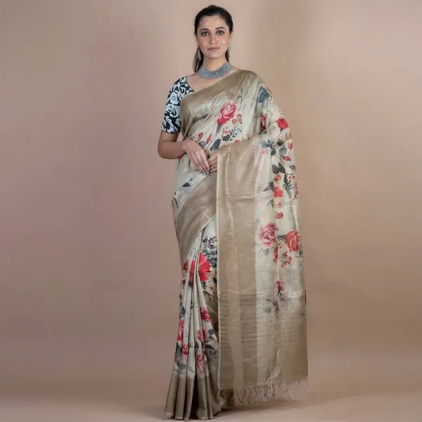 Elegant_Floral_Print_Tussar_Silk_Saree_With_Blouse