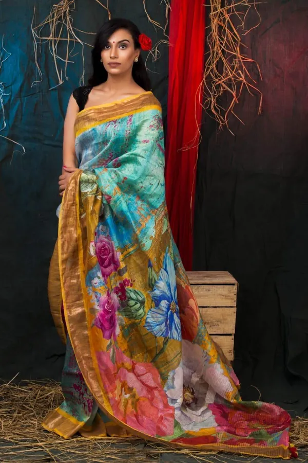Floral_Print_Saree_With_Golden_Border_-_Turquoise_Blue_And_Mustard_Yellow