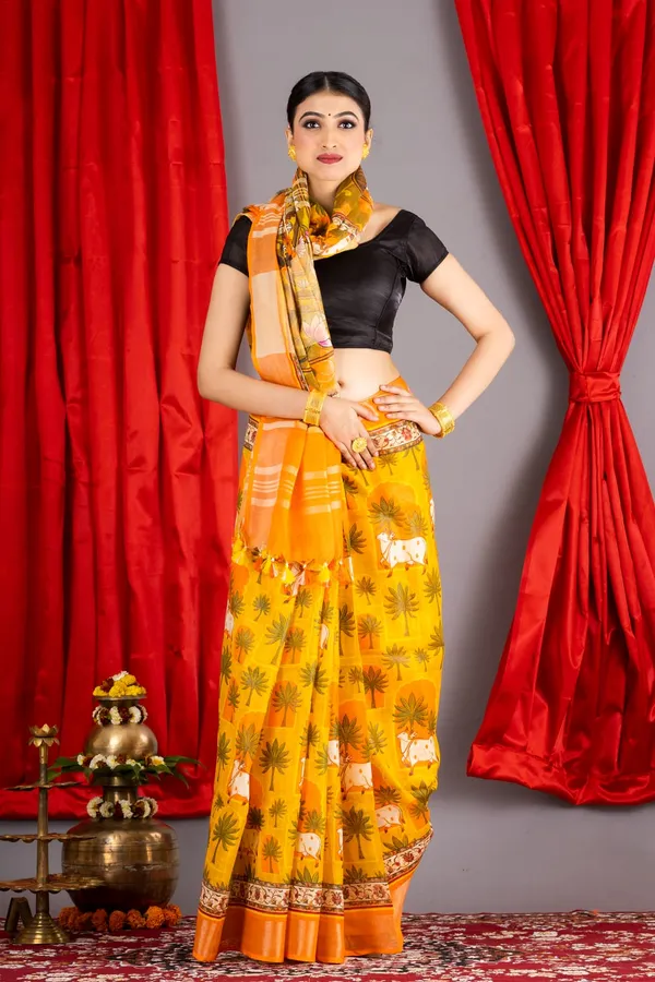 Traditional_Yellow_Linen_Saree_With_Black_Blouse