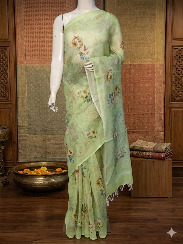 Elegant_Green_Floral_Printed_Saree_With_Delicate