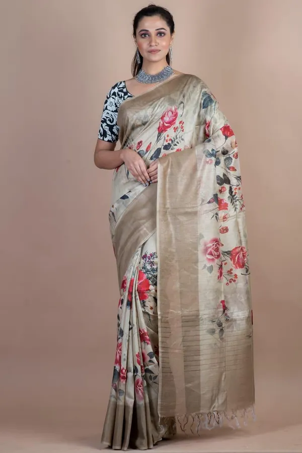 Elegant_Floral_Print_Tussar_Silk_Saree_With_Blouse