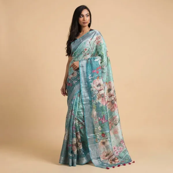 Floral_Printed_Organza_Saree_With_Pom-Pom_Border