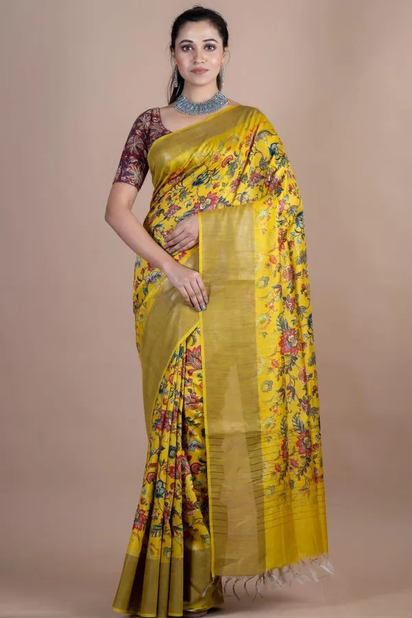 Yellow_Floral_Printed_Silk_Saree_With_Contrast_Blouse