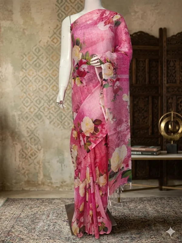 Pink_Floral_Printed_Saree_With_Elegant_Draping