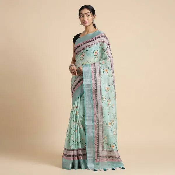Mint_Green_Floral_Print_Saree_With_Pink_Border_And_Embellished_Pallu