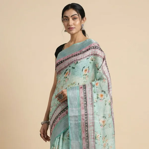 Mint_Green_Floral_Print_Saree_With_Pink_Border_And_Embellished_Pallu