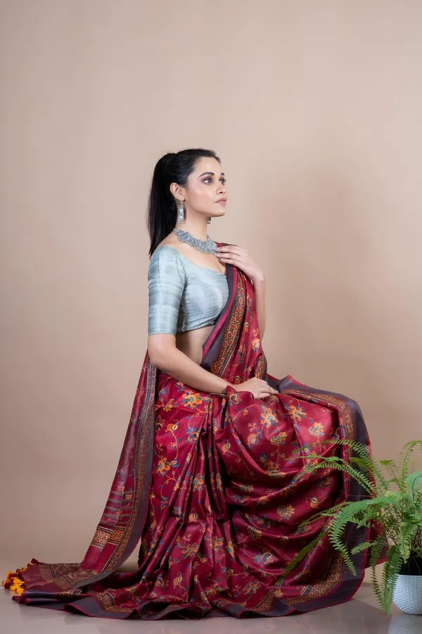 Elegant_Maroon_Tussar_Silk_Saree_With_Blouse
