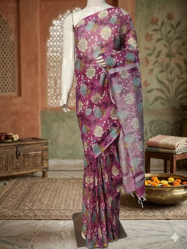 Purple_Floral_Linen_Saree_With_Blouse
