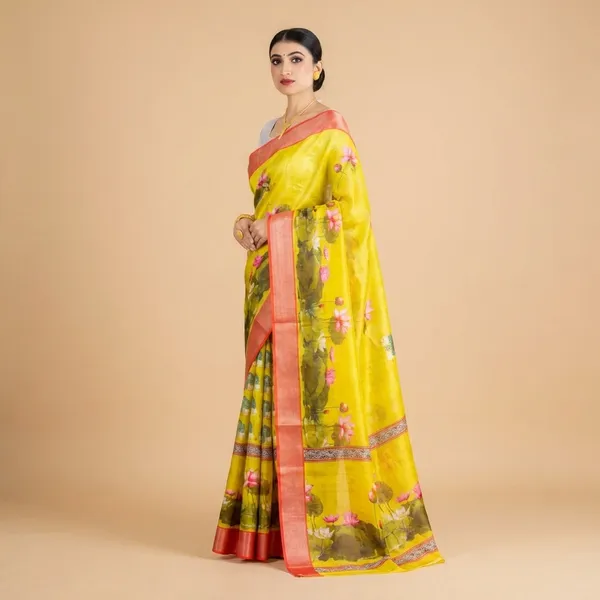 Traditional_Yellow_Floral_Printed_Linen_Saree_With_Red_Border
