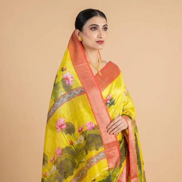 Traditional_Yellow_Floral_Printed_Linen_Saree_With_Red_Border