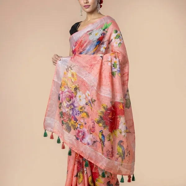Floral_Print_Pink_Organza_Saree_With_Black_Blouse