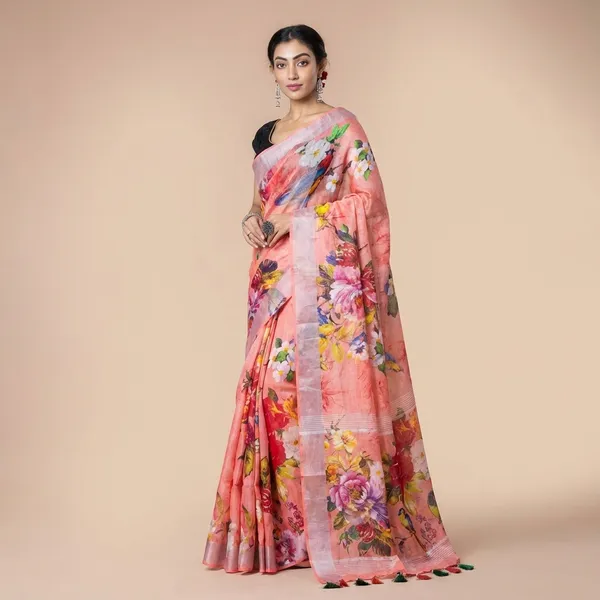 Floral_Print_Pink_Organza_Saree_With_Black_Blouse