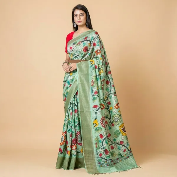 Mint_Green_Floral_Printed_Silk_Saree_With_Red_Blouse